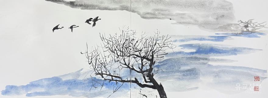 조경희, 새는 이미 떠났고, 2025, 62x23cm, 종이에 먹과 석채.jpeg
